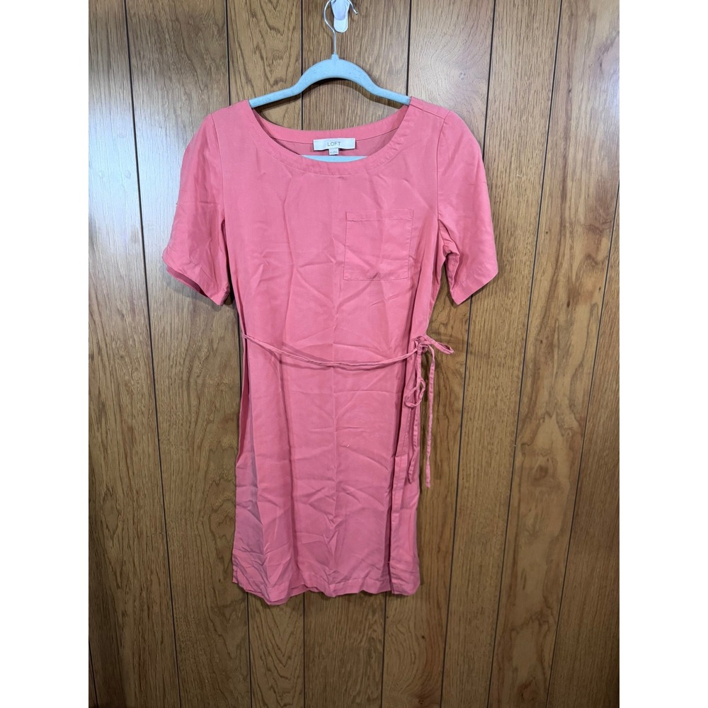 Loft Womens Coral Pink Short Sleeve Tie Waist Shift Dress Size XS
